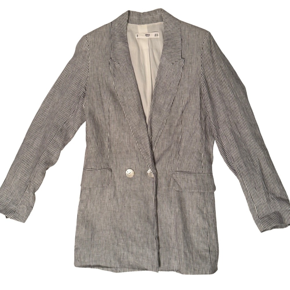 MNG Casual Womens Navy Blue & White Striped Linen Double-Breasted Casual Blazer